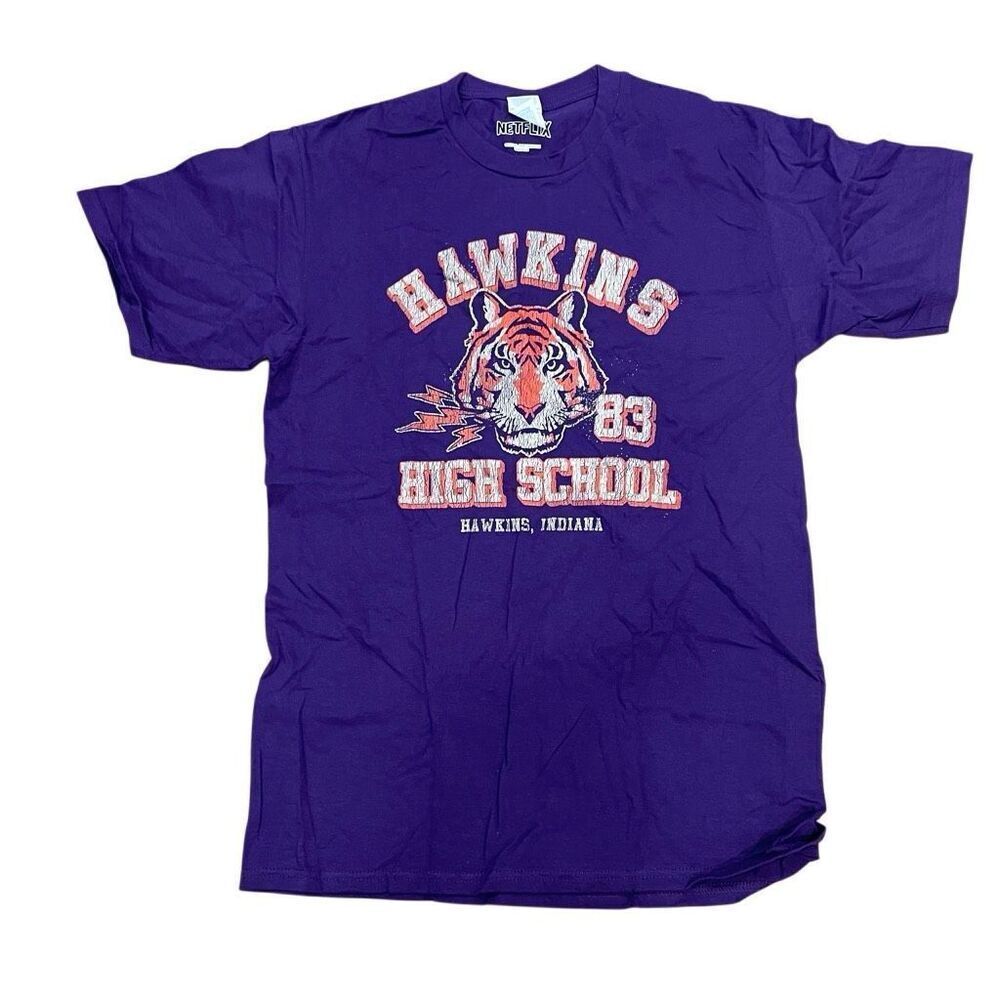 Stranger Things Mens Hawkins High School TShirt M Purple Fan Merch Netflix SciFi